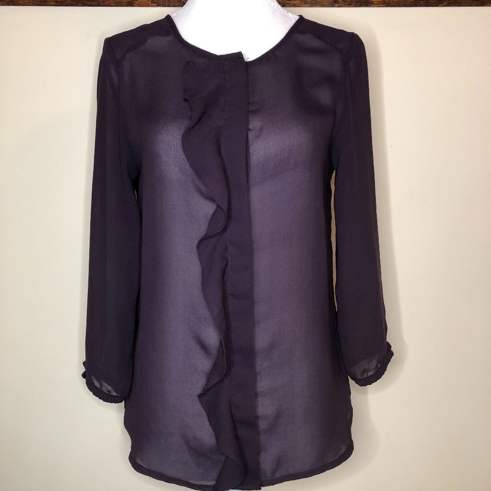 H&M 3/4 Sleeve Purple Sheer Ruffle Front Blouse